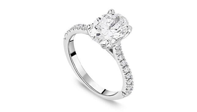 Platinum engagement ring with 2.20ct lab-grown oval diamond and diamond pavé band, Born collection